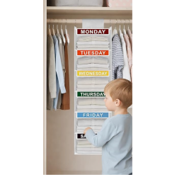 Weekly Clothes Organizer for Kids, 6-Shelf Kid Hanging Closet Organizer w/ 6 Side Pockets